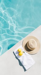 Relaxing summer afternoon by the poolside with a hat and fresh lemons