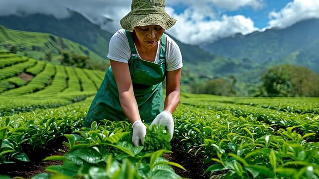 At a tea plantation, a lady gathers tea leaves.