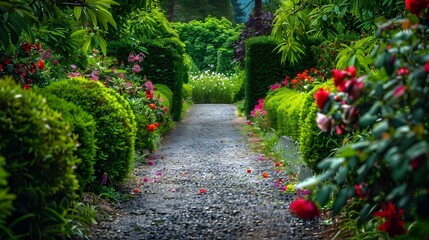 Naklejka premium Gardens cozy spaces surrounded by flowering bushes