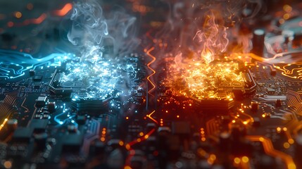 Fototapeta premium CPU with one side glowing icy blue and the other fiery orange, double exposure on white background, cold and warm lights with intricate details, clean design, hd quality. --ar 16:9 --v 6.0