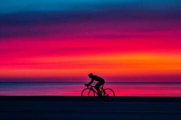 Fototapeta premium Silhouette of a Cyclist Against a Vibrant Sunset Sky