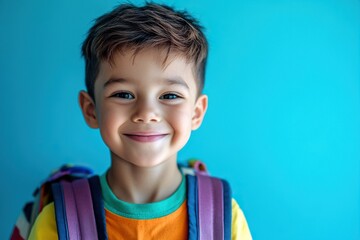 Cheerful young boy smiling at the camera. He has a backpack on and is wearing colorful, school-appropriate clothing. Solid blue background.