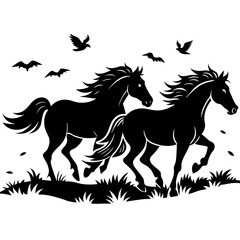 A pair of wild horses running freely through an open field silhouette vector illustration