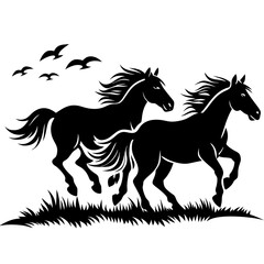 A pair of wild horses running freely through an open field silhouette vector illustration