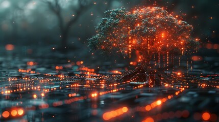 Digital tree with a CPU as the trunk, data lines extending as branches, double exposure style, white background, glowing binary code fruit, minimalistic design, soft glow, hd quality. --ar 16:9 --v 6.