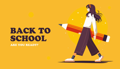 Educational and Self-Development. Girl go to school. Concept for trainings, seminars, back to school, online courses, vector illustration