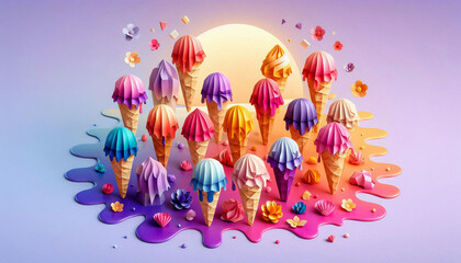 Fototapeta premium A assortment of colorful origami ice cream cones melting on a summer sunset gradient shifting from lavender, to pink, to gold background in a 3D papercraft style. 