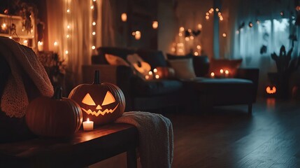 Interior of a dark living room decorated with Halloween pumpkins and burning candles