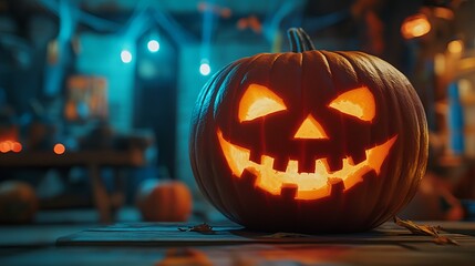 Large pumpkin with a carved funny glowing face positioned on the right side of a wooden table with Halloween decor in the background Closeup of a Jackolantern on a blurred