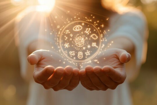 Woman holding a glowing wheel with astrological symbols in her hands
