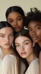 Obraz premium Four women posing together, showcasing diverse beauty and natural makeup in a light studio setting