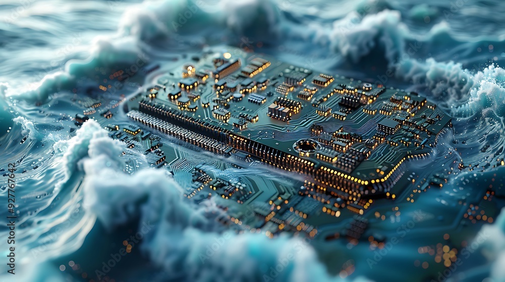 Wall mural futuristic cpu submerged in a digital ocean of binary code, waves crashing against its surface, doub