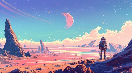 Fototapeta premium Astronaut's First Steps on Alien Planet with Barren Landscape and Flora