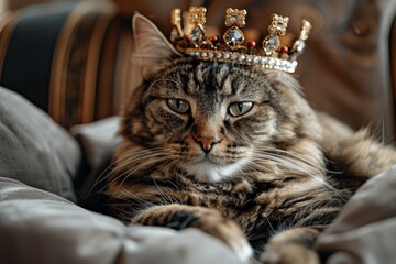 The Regal Feline: A majestic tabby cat, adorned with a glittering crown, exudes an air of regal confidence. The cat's piercing gaze and regal posture command attention, creating a captivating portrait