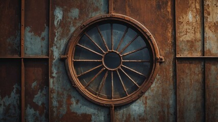 Obraz premium Rusty metal surface with circular window frame.