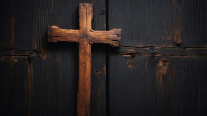 Rusty black wooden background with a wooden cross.