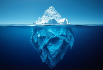 realistic image of the underwater and surface parts of an iceberg against a clear blue sky