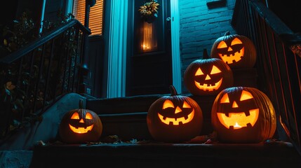 Scary Halloween pumpkins glowing at night decorating the front steps