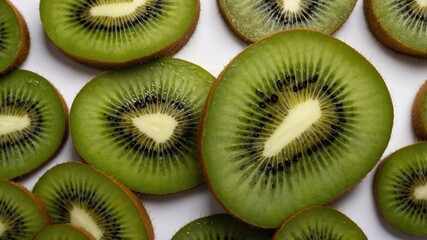 Fototapeta premium Top view of fresh kiwi slices on light background, healthy eating and organic food concept.