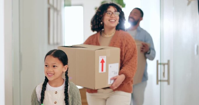Family, new home or boxes with smile for moving, house owners or investment in hallway. Girl kid, man and woman with happiness for apartment, real estate and homeowner at property with box or excited