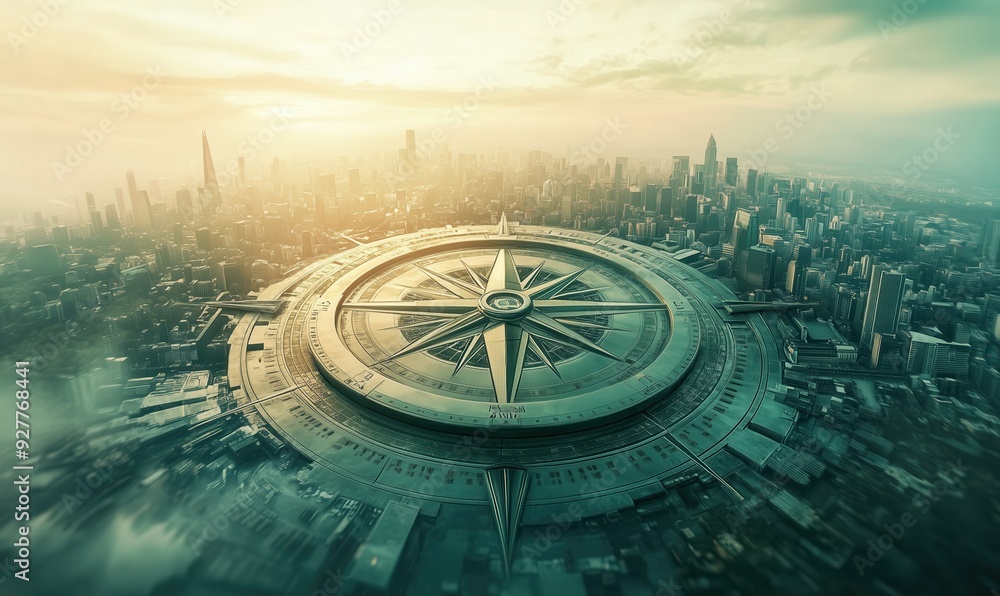 Poster a city is shown in the background with a large, round object in the foreground. the object is a comp