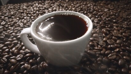 Top view of coffee or espresso with piles of coffee beans. Close up of fresh roasted coffee bean scatter around wooden table with cup of americano and aromatic stream and smoke from seed. Comestible.