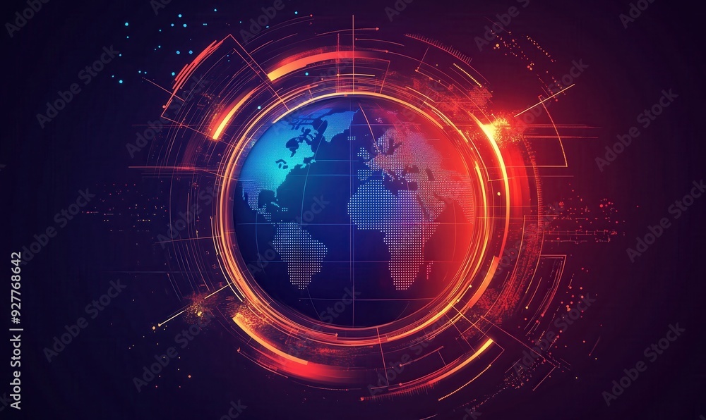 Poster a colorful globe with a red and blue border. the globe is surrounded by a circle of dots and lines. 