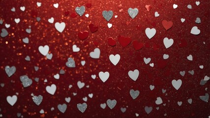 Creative layout with white hearts and silver glitter on red background Nature flat lay Minimal love concept.