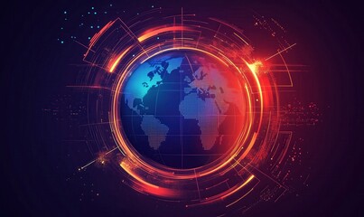 Obraz premium A colorful globe with a red and blue border. The globe is surrounded by a circle of dots and lines. Concept of technology and innovation, with the globe representing the world and the dots