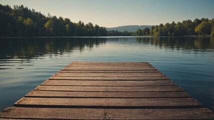Obraz premium An aged wooden dock extending into a serene lake providing a picturesque copy space image.
