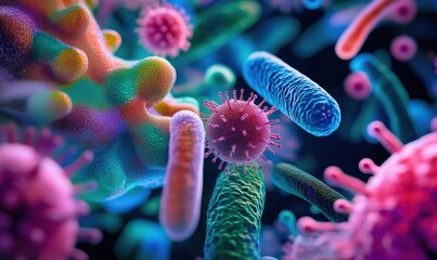 A colorful image of bacteria and viruses in a cell. Concept of microscopic organisms and their interactions within a cell