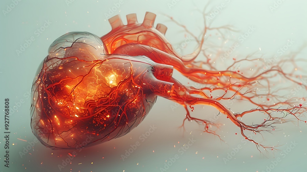 Wall mural mechanical heart-shaped cpu with cables and circuits as arteries, double exposure style, white backg