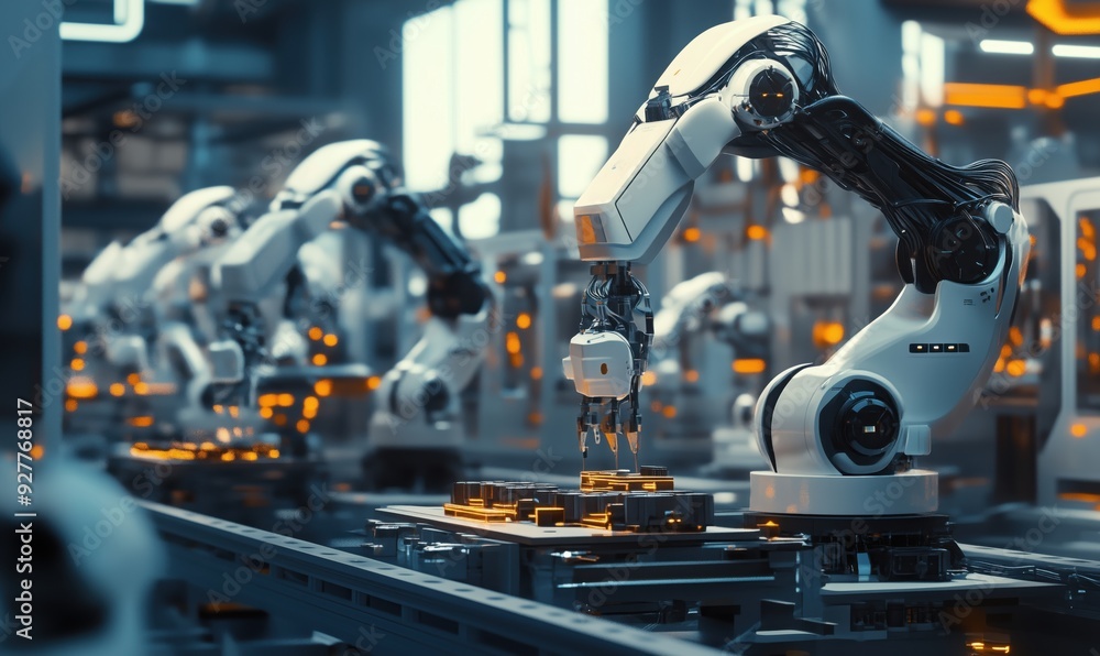 Poster a factory with robots working on a conveyor belt. the robots are white and orange