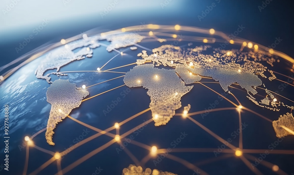 Poster a globe with a network of lines connecting it. the globe is lit up with a warm glow