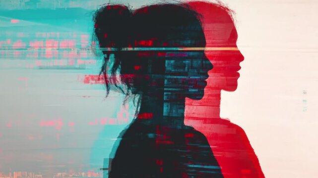 silhouette of woman in profile face hair head glitchy screen distortion hack code computer delay red cyan black