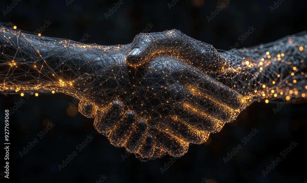 Poster a hand is shaking another hand in a digital image. concept of connection and trust between the two p