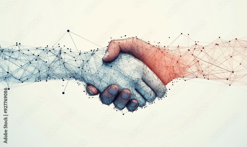 Poster a hand is shaking another hand in a picture. the image is abstract and has a sense of unity and conn