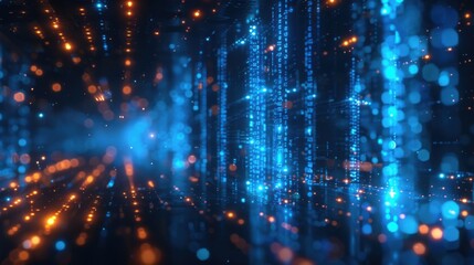 Fototapeta premium A futuristic 3D rendering of big data, showcasing a glowing HUD interface with abstract data streams in blue and silver. The illustration is enhanced by edge lighting and sacred film effects,