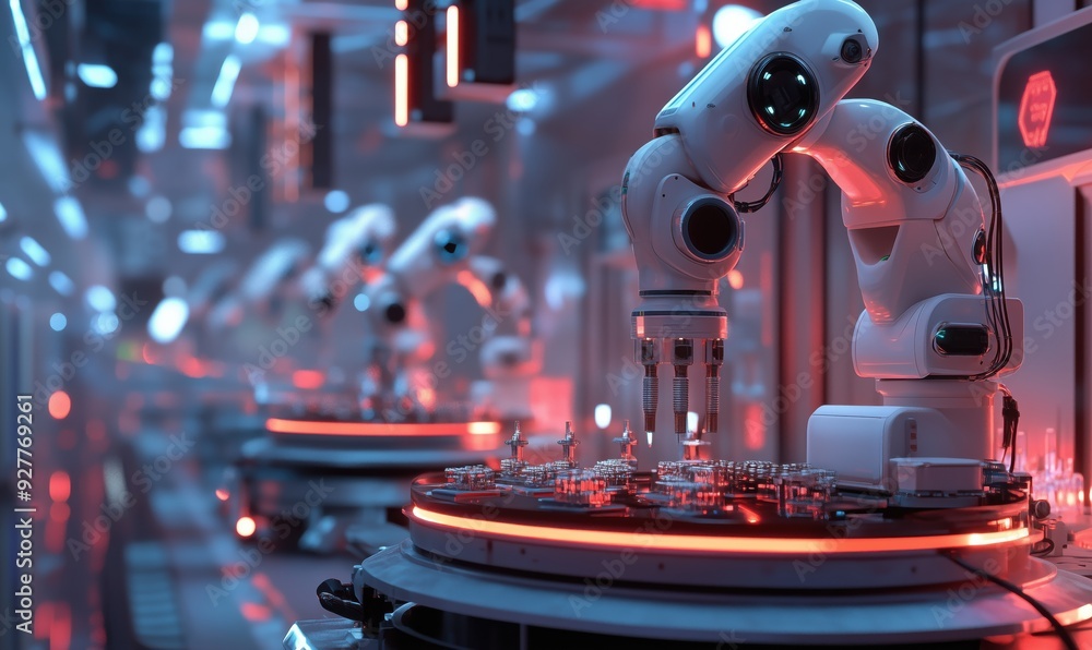 Poster a robot is working on a machine in a factory. the robot is white and has a red light on its head. th
