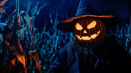 Scary scarecrow with a pumpkin head wearing a hat and coat standing in a night cornfield Spooky Halloween holiday concept and background