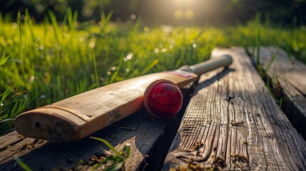 A worn cricket bat and a red ball rest on a wooden surface, bathed in warm sunlight amidst green grass