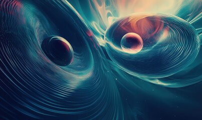 Two spheres are floating in a blue and purple swirl. The spheres are surrounded by a dark blue background