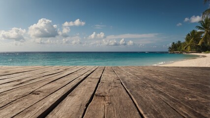 Obraz premium A serene tropical beach scene with a wooden deck overlooking the ocean perfect for a copy space image.