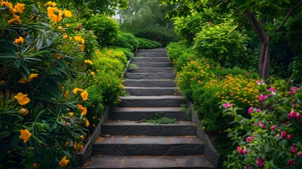 Obraz premium Green steps surrounded by flowering shrubs and trees