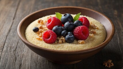 image space copy a for ideal surface wooden a on displayed berries fresh with topped pudding Semolina.