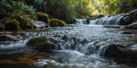 Fototapeta premium A small waterfall cascading into a forest stream where someone is taking a refreshing but bonechilling ice plunge.