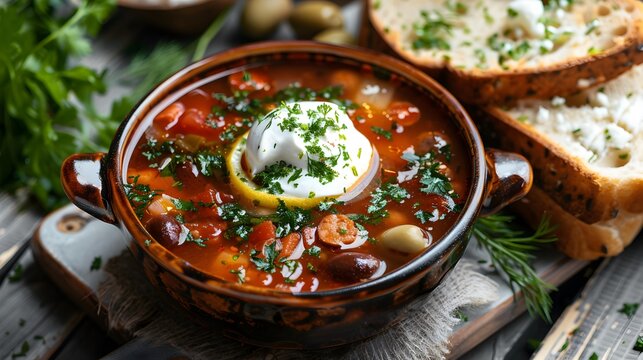 Solyanka soup with sausages olives and lemon served