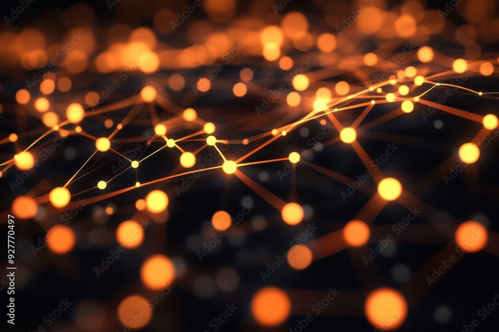 Poster illuminated orange points displayed over a network of linked connections