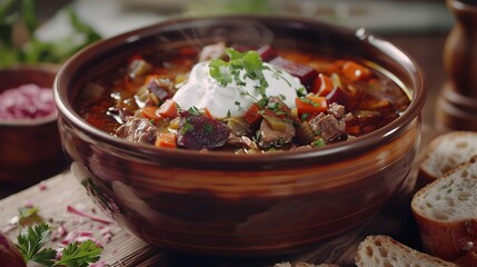 Soups borsch with duck beets and cabbage served