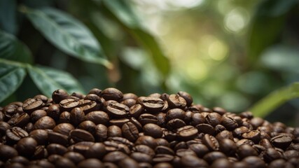 Obraz premium Coffee beans resting above ground coffee.